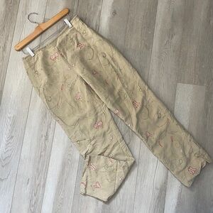 Silk Linen Pants vintage embroidered straight leg womens Beige (size 6) feminine